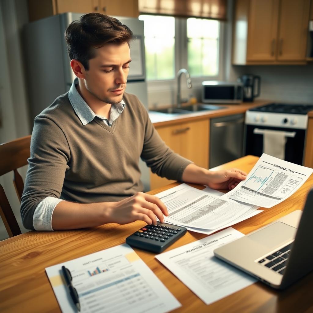Person reviewing mortgage paperwork at a kitchen table with calculator and laptop.