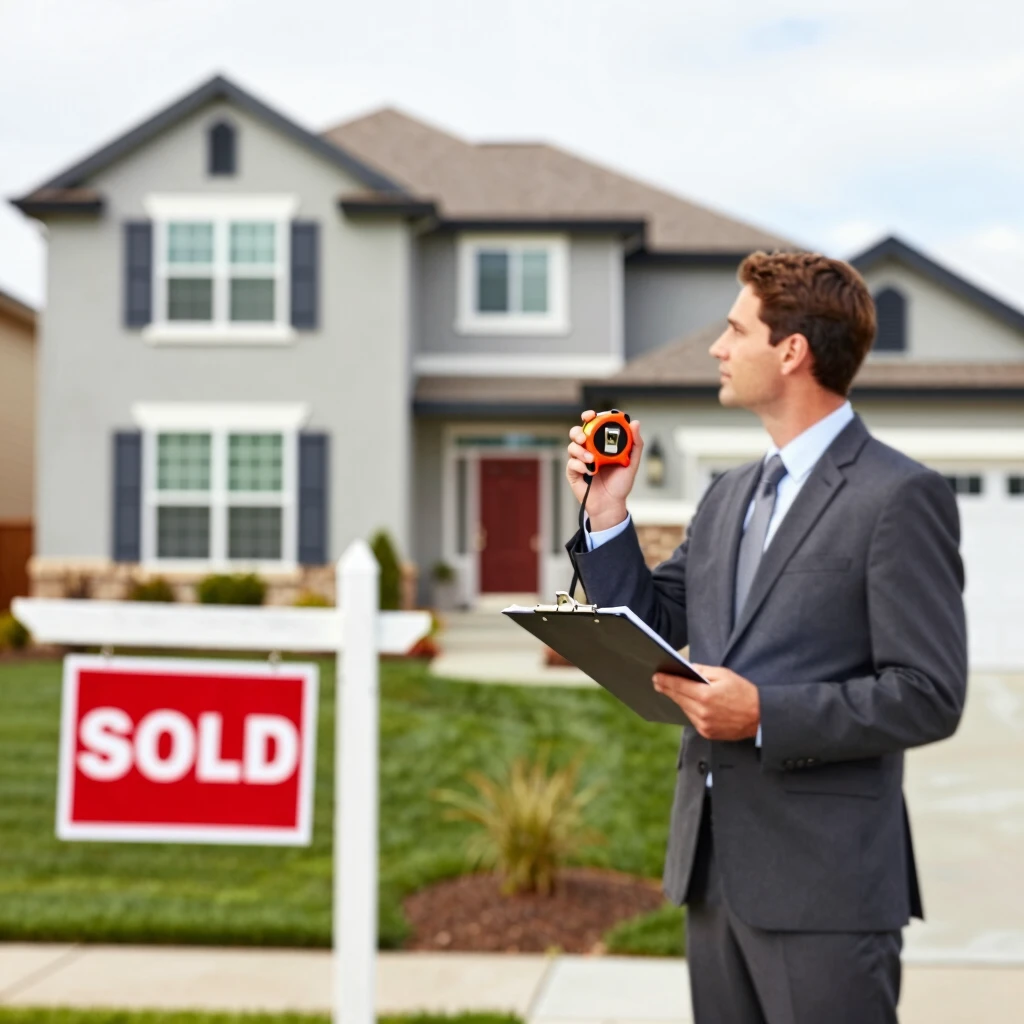 Home appraiser conducting an exterior inspection of a suburban house for an FHA appraisal
