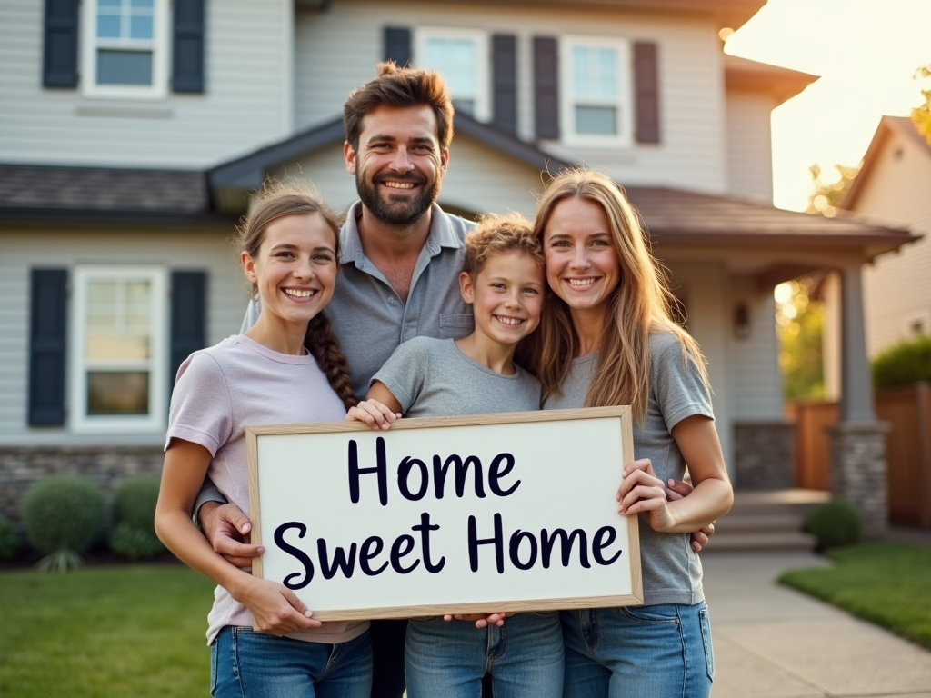 Family in front of new home with sign