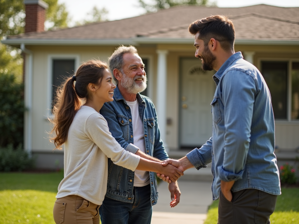 Family celebrating home purchase with agent