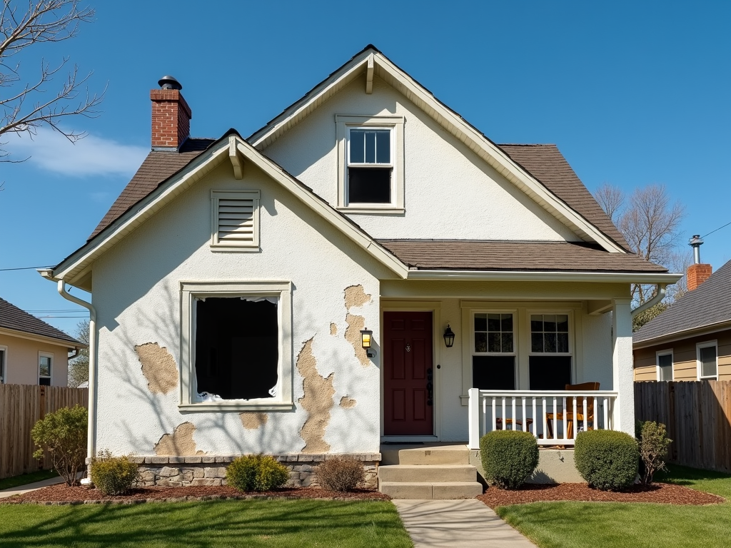 A house with peeling paint and broken windows, highlighting property condition issues in FHA appraisals.