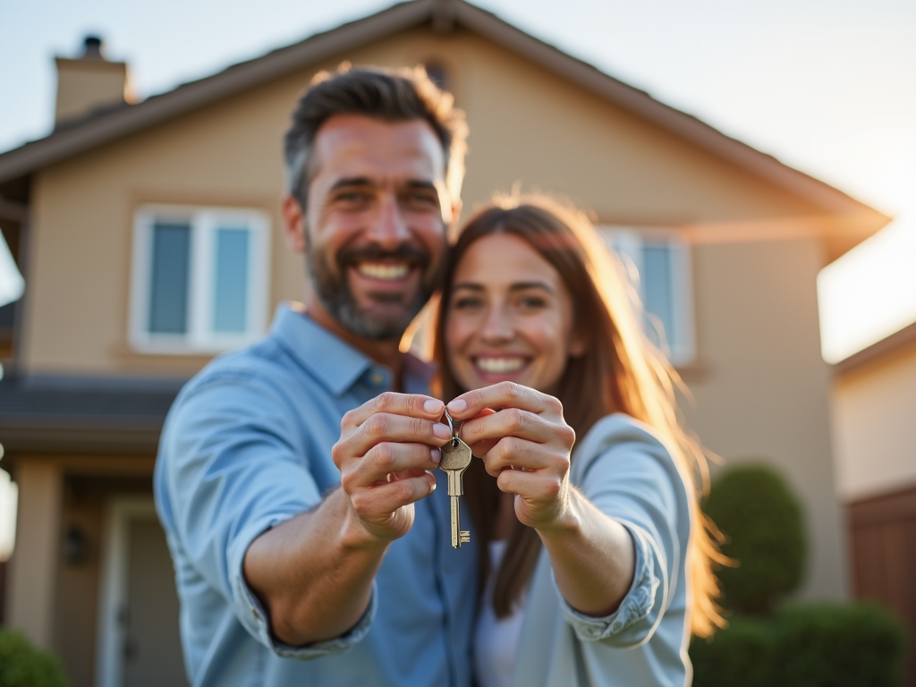 First-time homebuyers celebrating their new home purchase with an FHA loan.