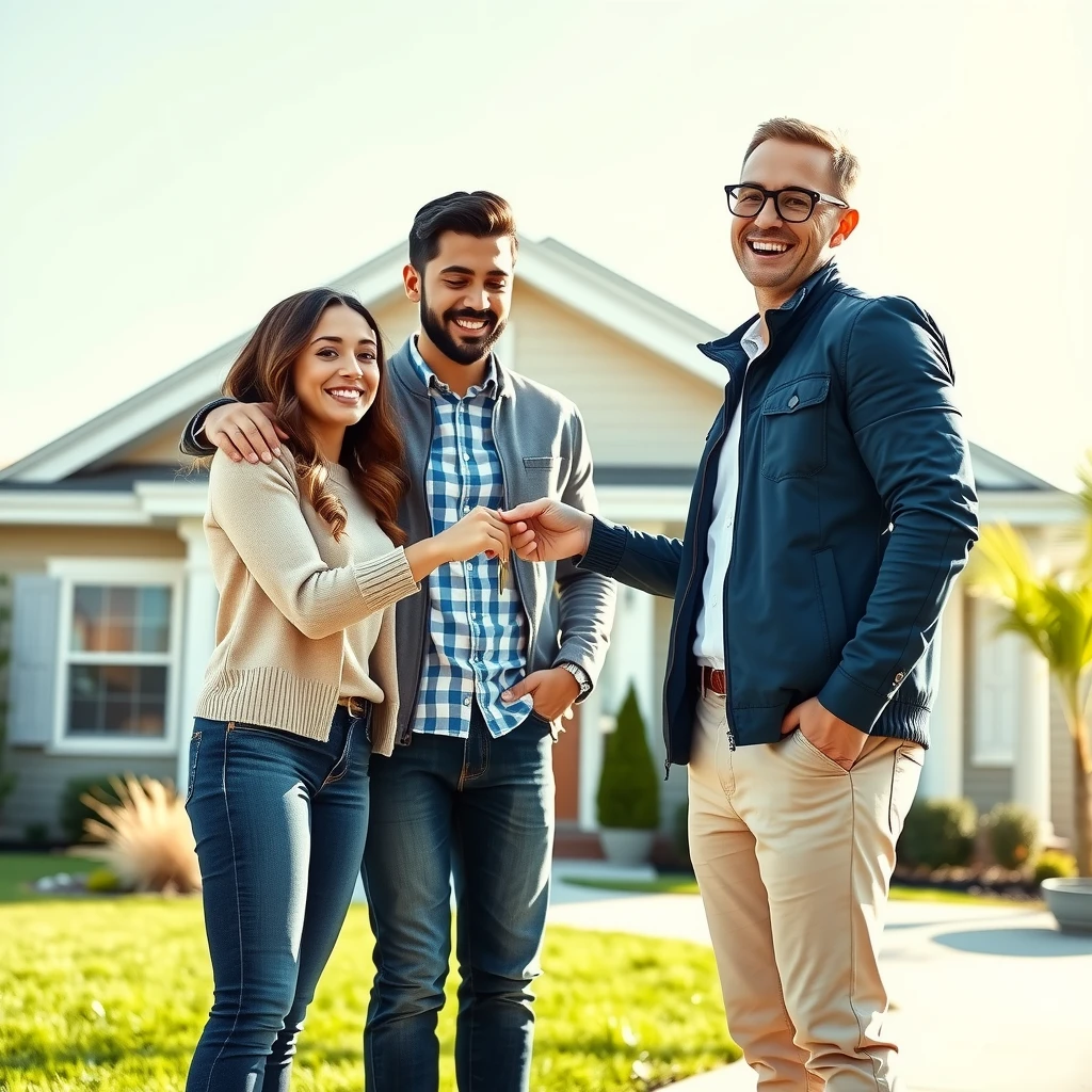 Happy young couple receiving house keys from real estate agent in front of their new home