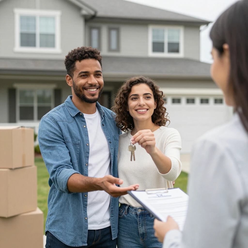 Happy diverse couple receiving house keys from a real estate agent in front of their new modern suburban home