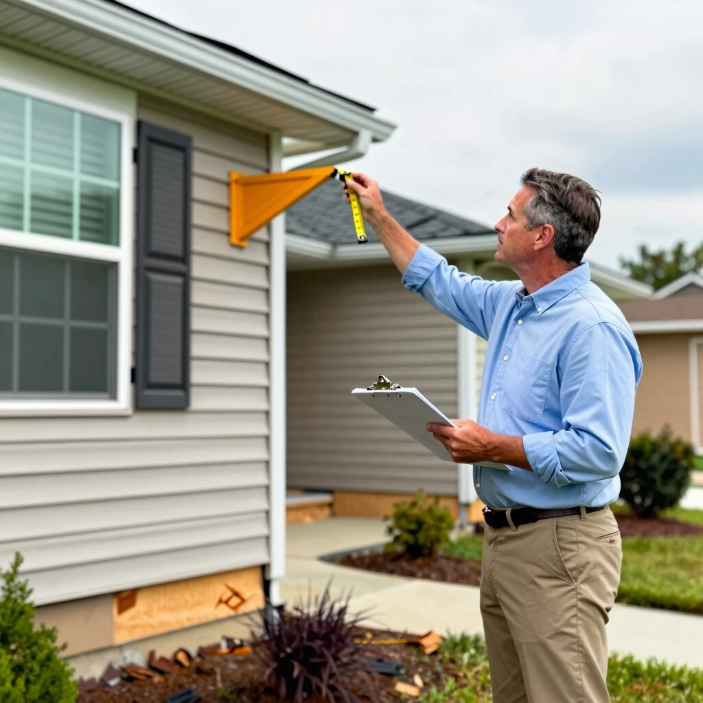 FHA appraiser inspecting the exterior of a home, checking roof and foundation