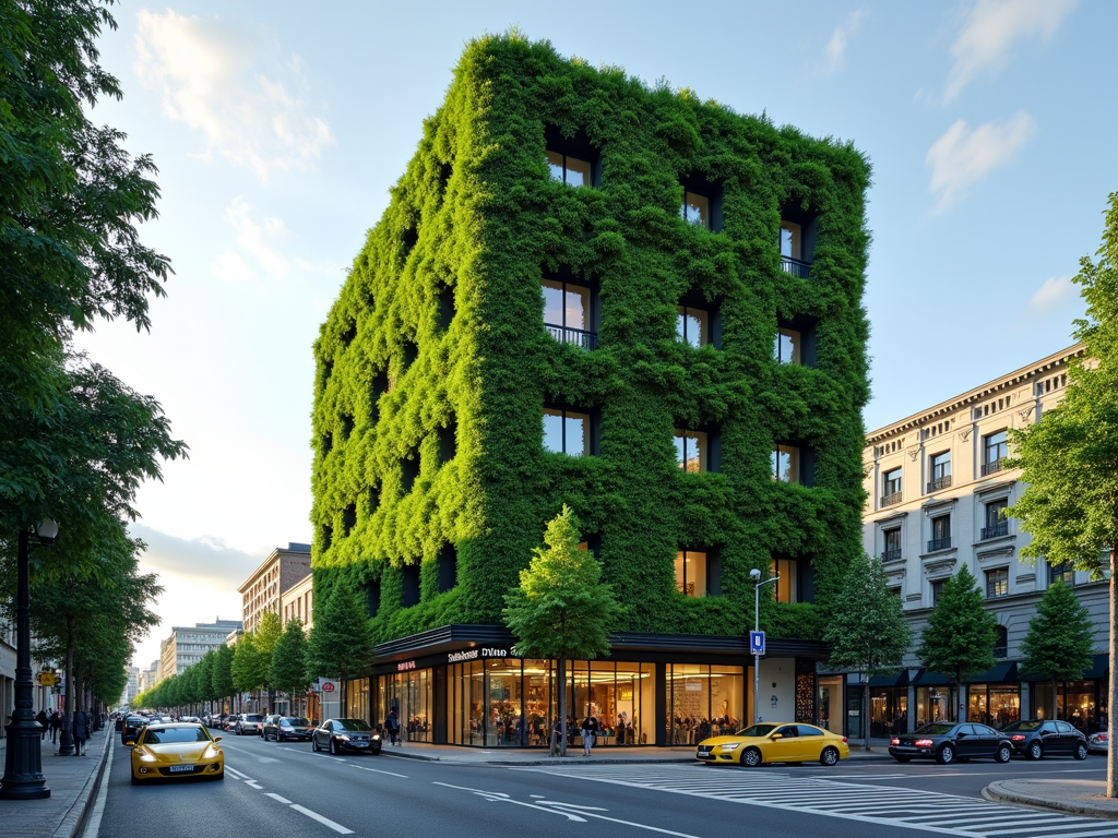 A genuine green office building in a city, with a plant-covered wall for sustainability.