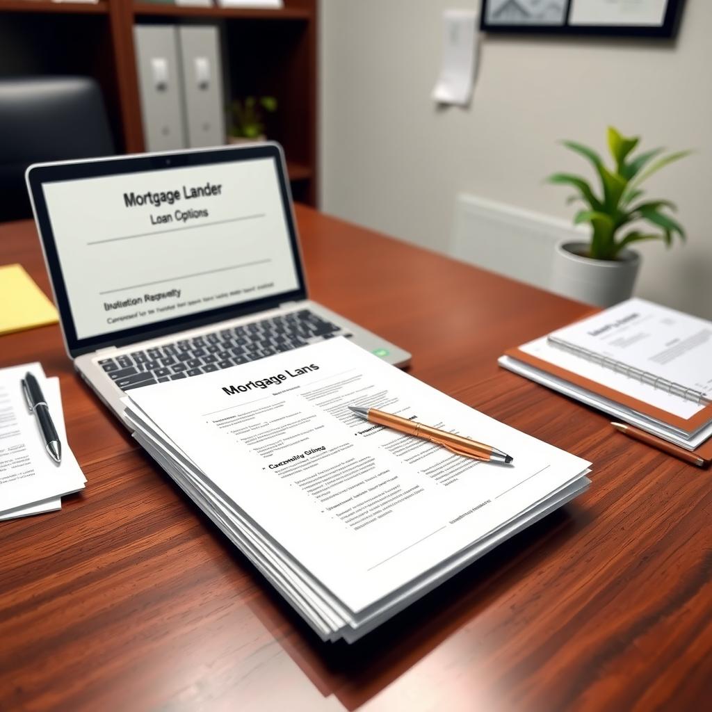 Mortgage lender’s desk with loan documents and laptop