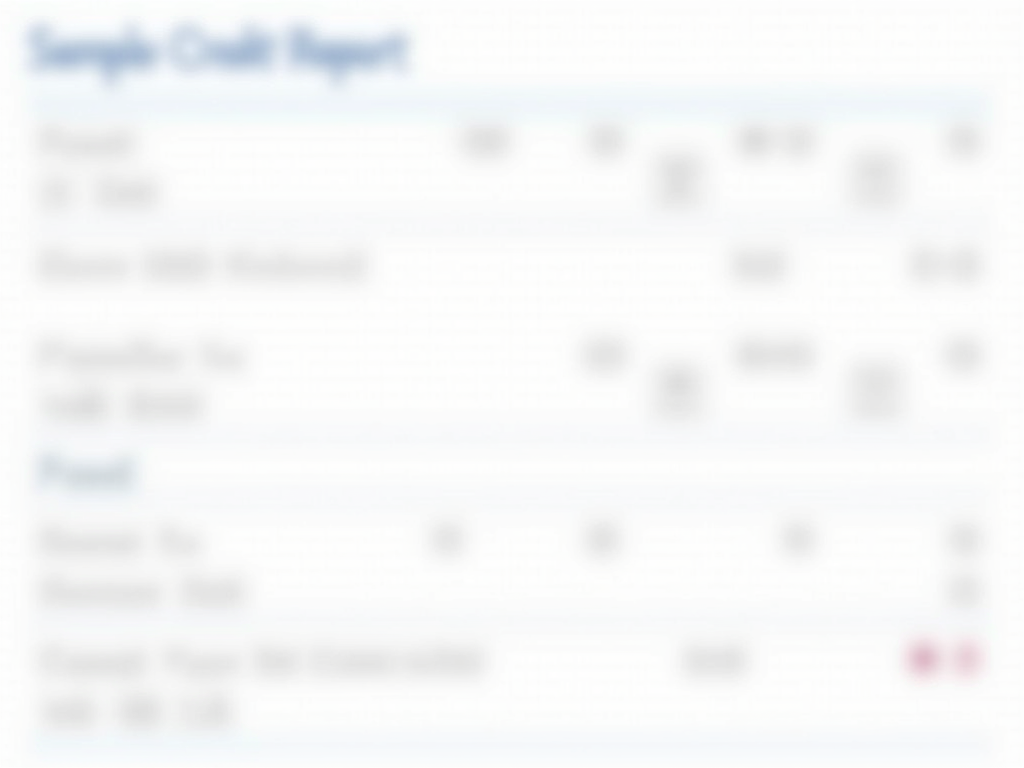 Sample credit report screenshot highlighting key sections.