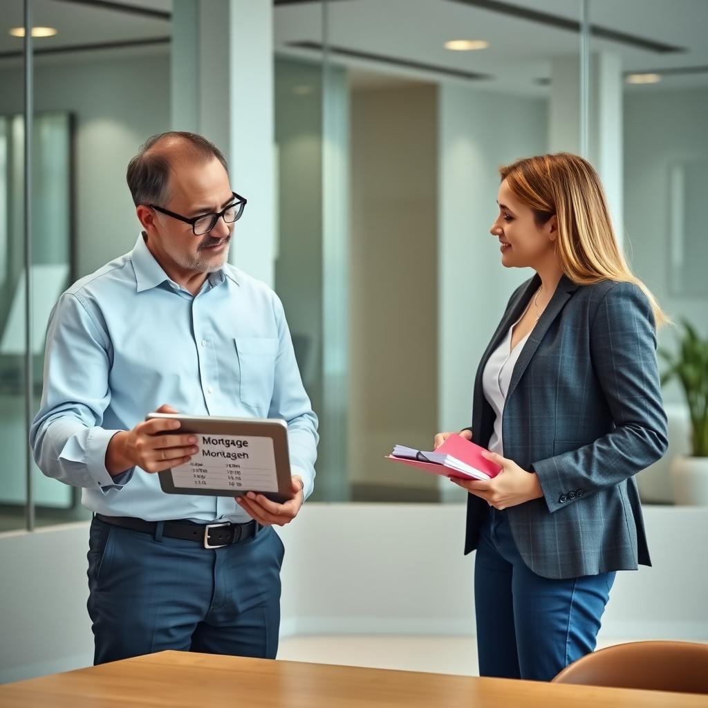 Mortgage broker explaining term length options to a first-time buyer in an office.