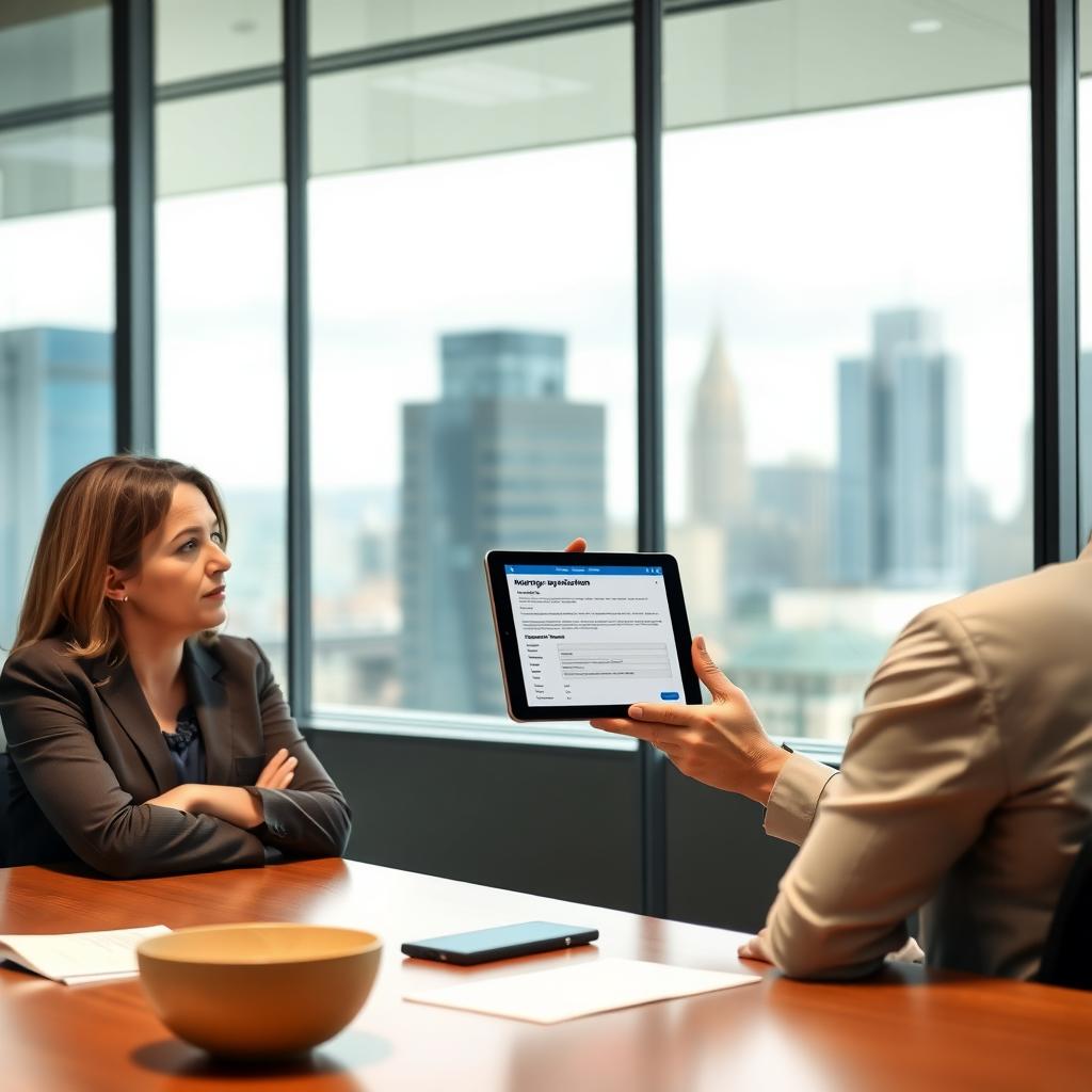Mortgage broker showing a digital mortgage application to a client in a modern office