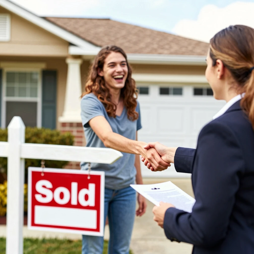 Young couple successfully negotiating and buying their first home