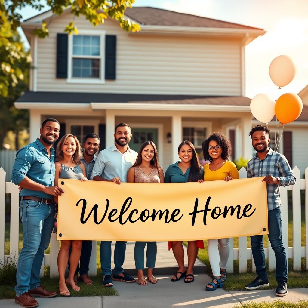 Diverse group of first-time homebuyers celebrating with a 'Welcome Home' banner