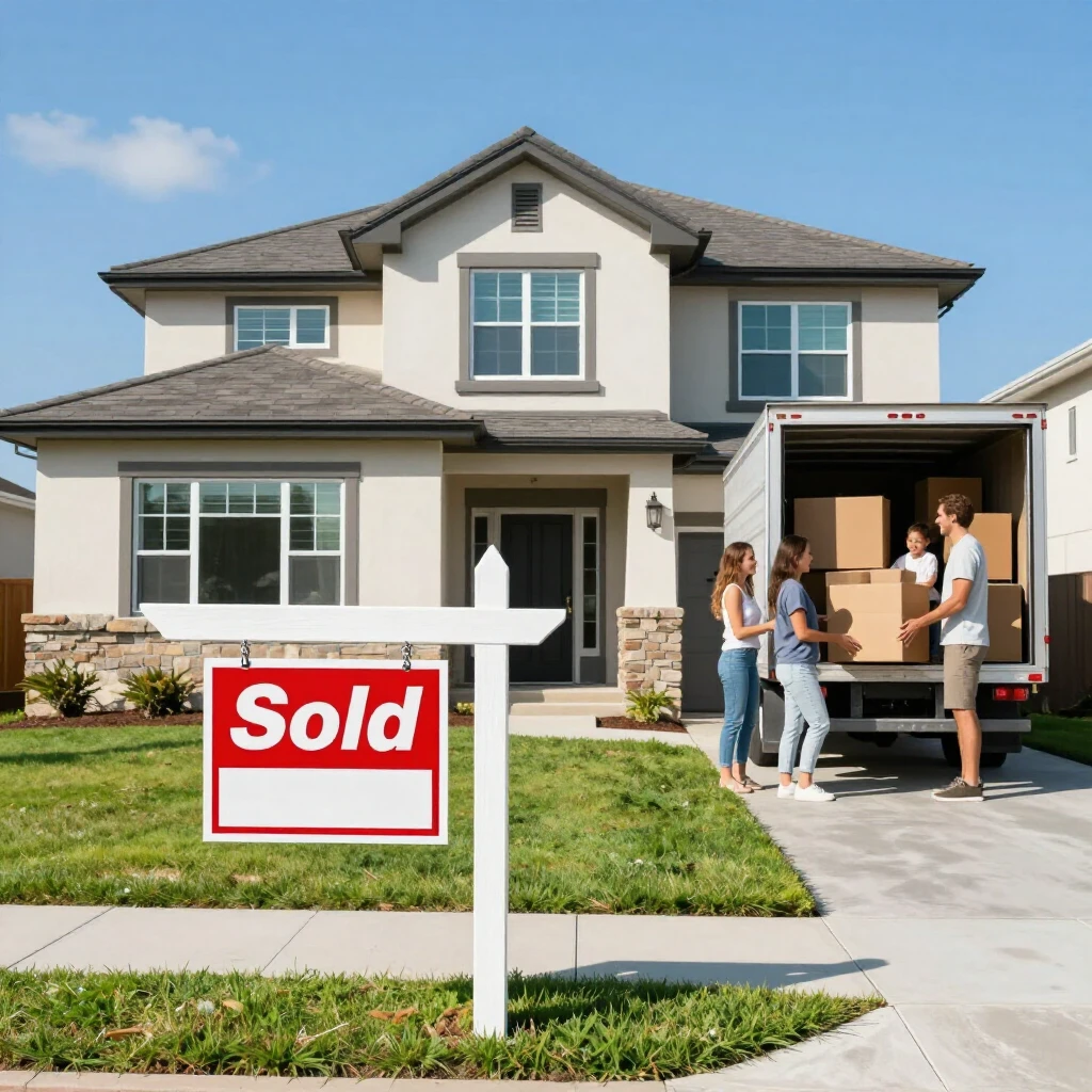 Modern suburban house with sold sign and family moving in