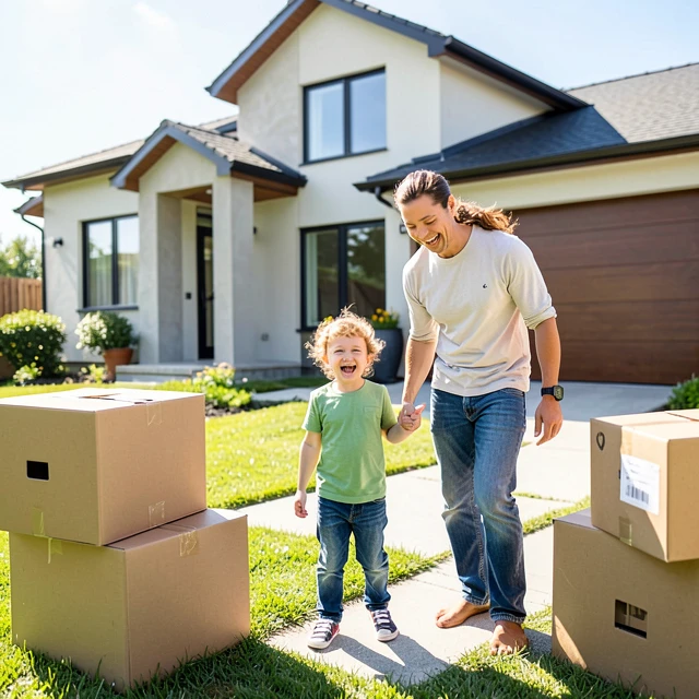 Happy family moving into their new home