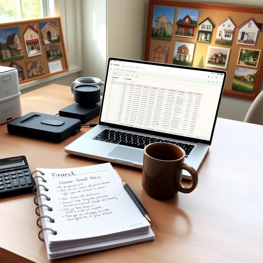 Cozy home office with budgeting tools and a vision board for a dream home
