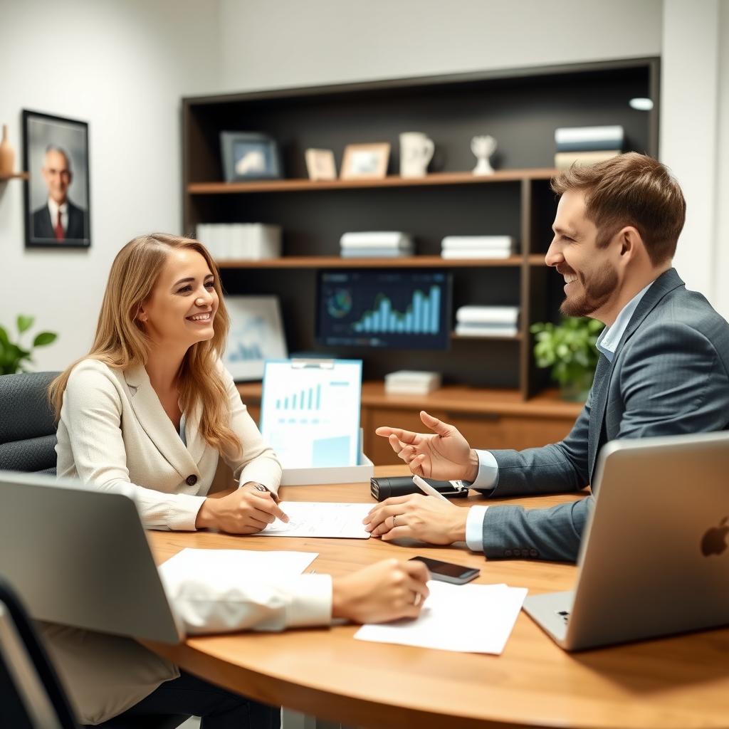 A mortgage lender discussing loan options with a young couple in a professional office setting.