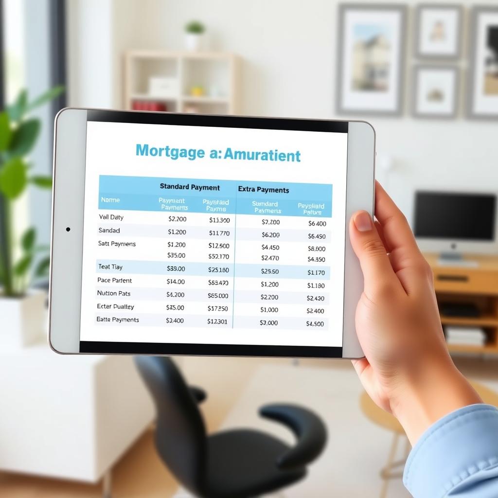 Tablet displaying a mortgage amortization chart comparing standard and extra payment plans