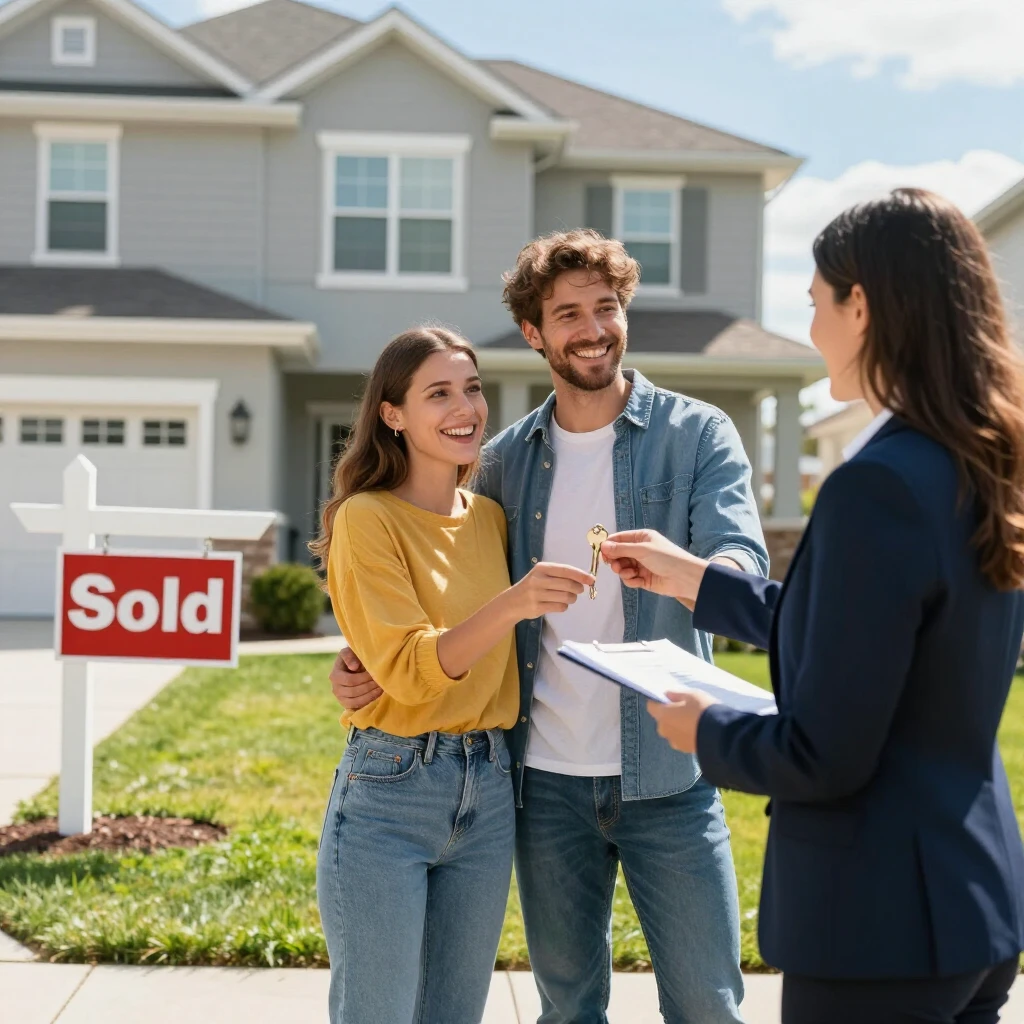 Happy young couple receiving house keys from real estate agent outside their new home