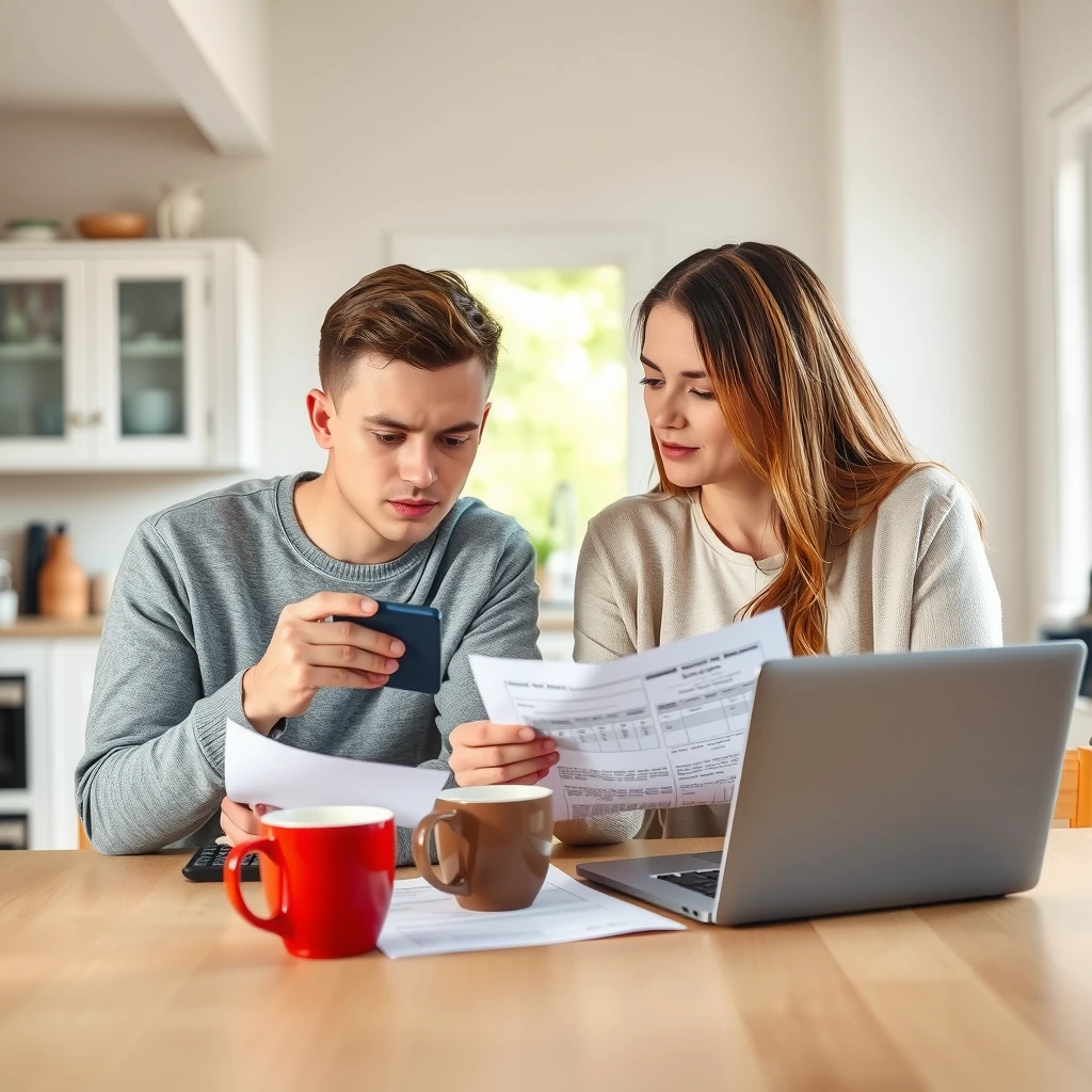 First-time homebuyers reviewing mortgage documents at home
