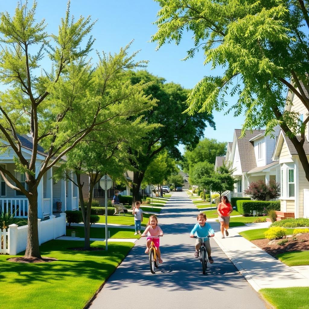 Sunny suburban neighborhood with tree-lined streets and children riding bikes.