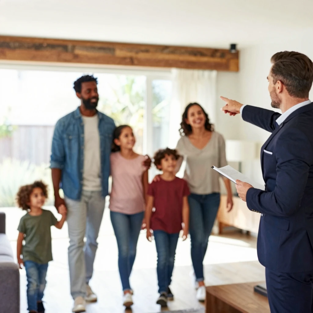 Family touring a potential new home with realtor