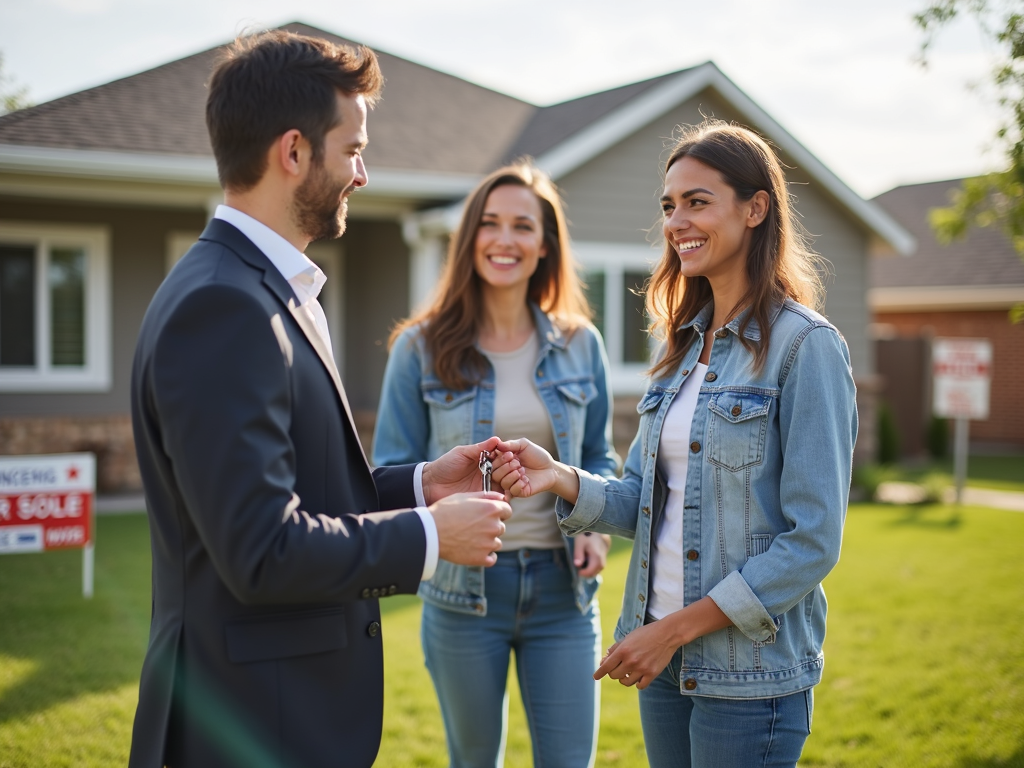 Couple receiving house keys from agent