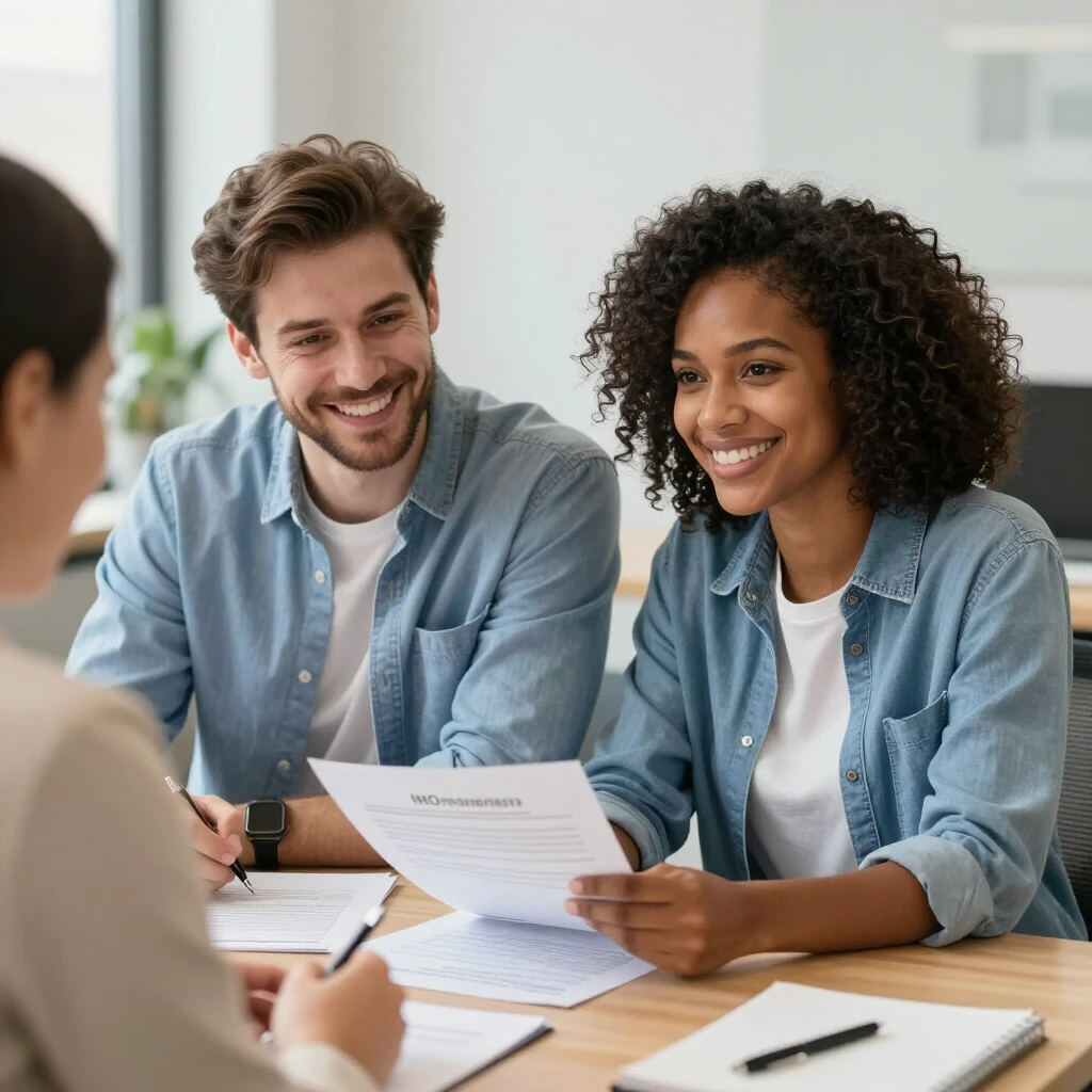 Diverse couple meeting with mortgage lender discussing FHA pre-approval documents