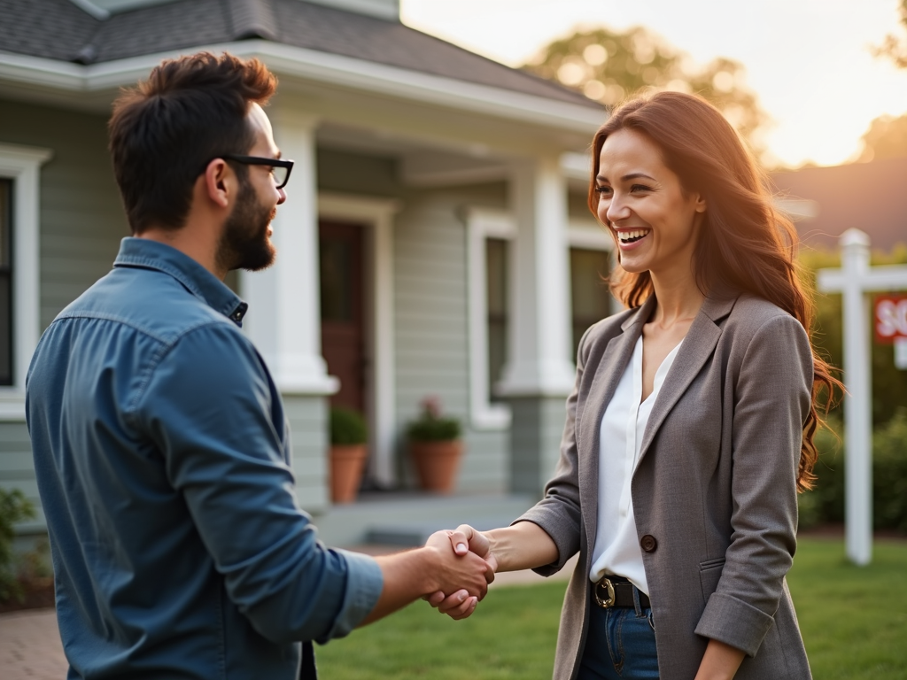 A mortgage lender and homebuyer shaking hands in front of a new home