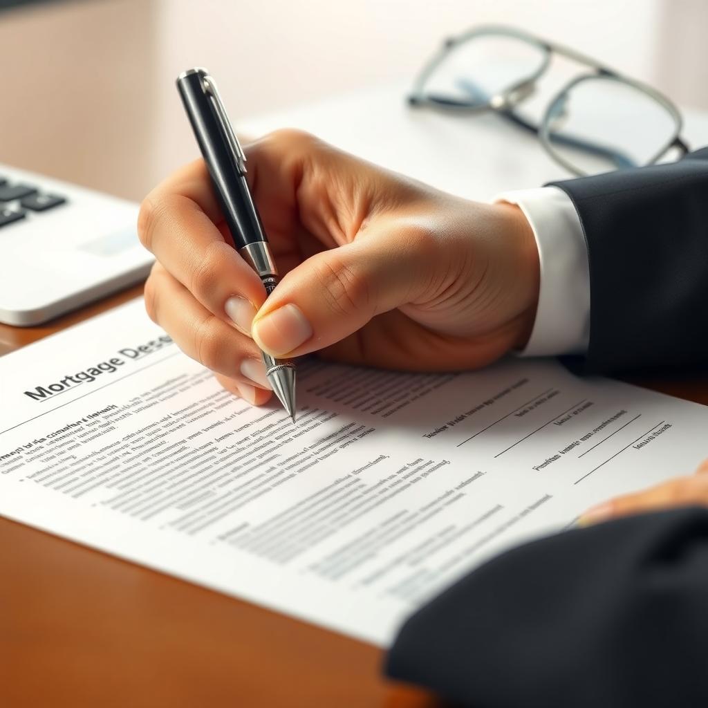 Hand signing a mortgage document with a fountain pen, notepad and glasses in the background.