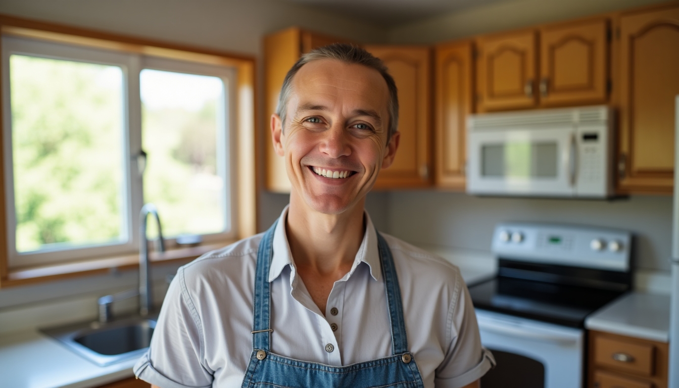 Homeowner in renovated kitchen