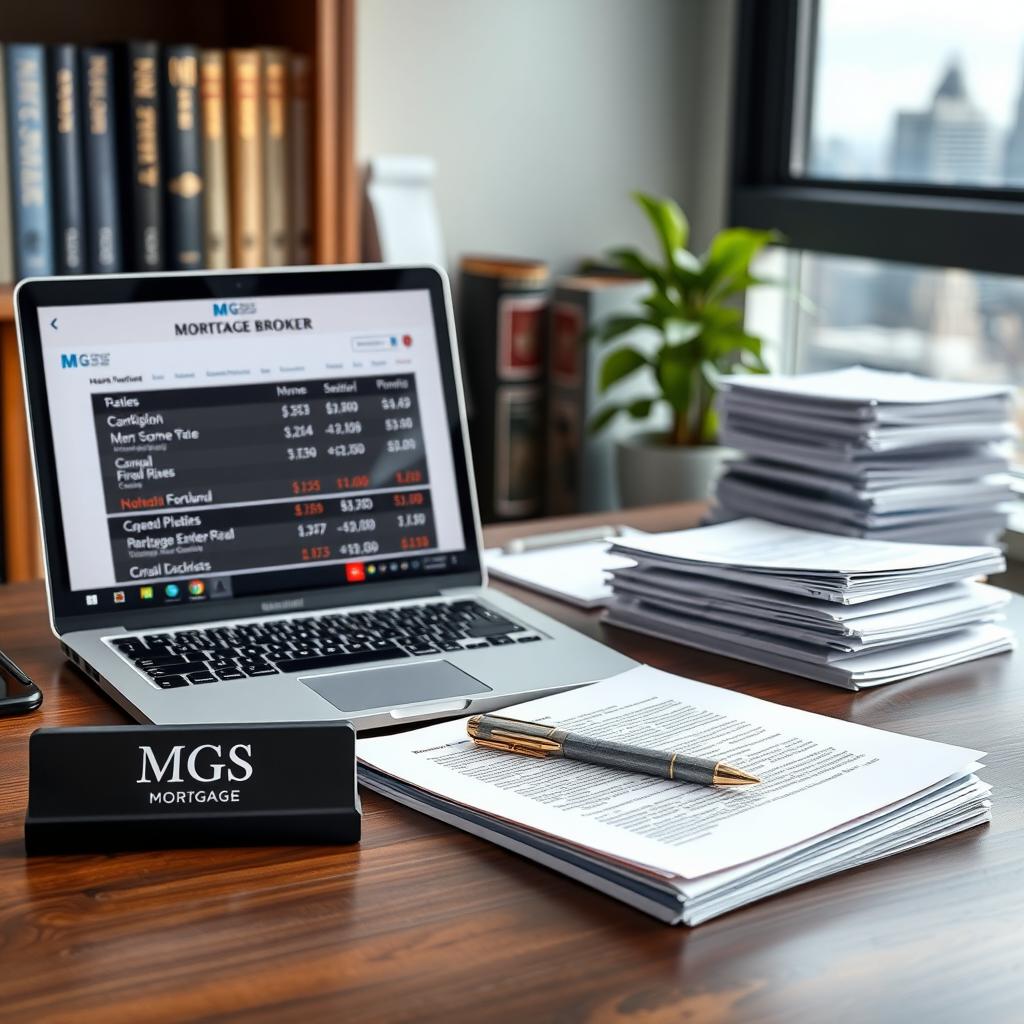 Organized desk of an MGS mortgage broker with a laptop and documents