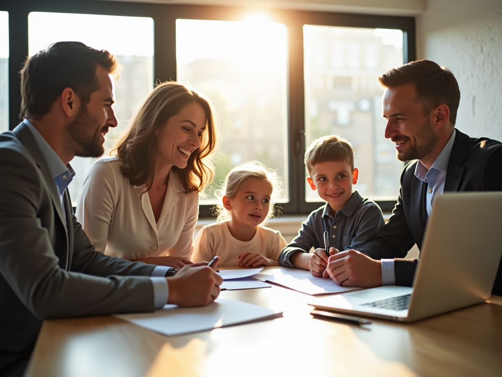 Family signing paperwork with real estate agent during home closing