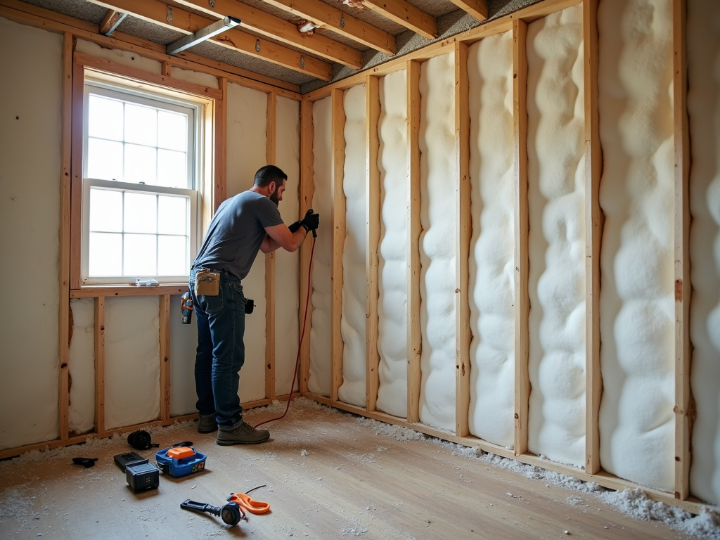 A worker adding insulation to a home, showing the real process of making a building green.