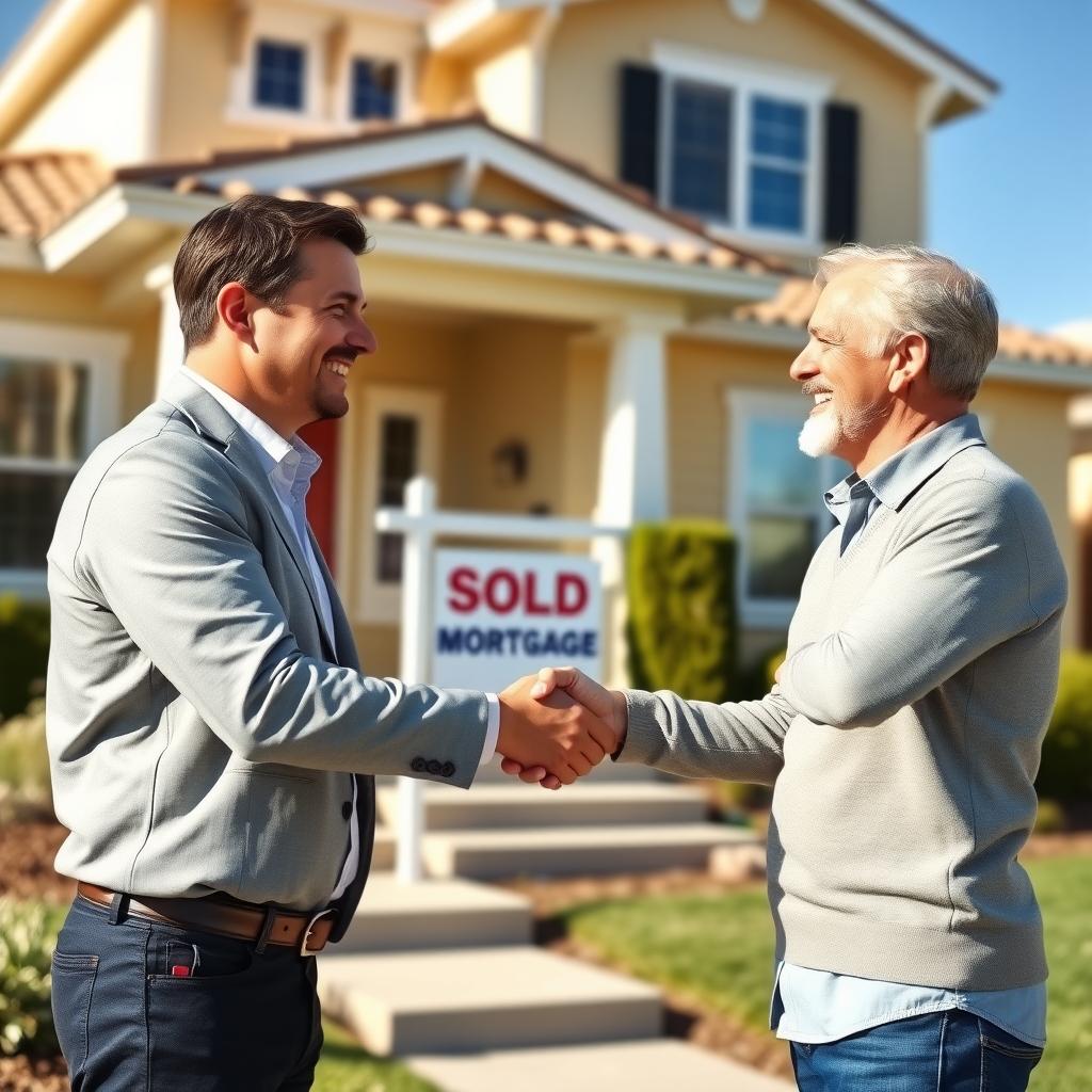 Mortgage broker and client shaking hands in front of a new home