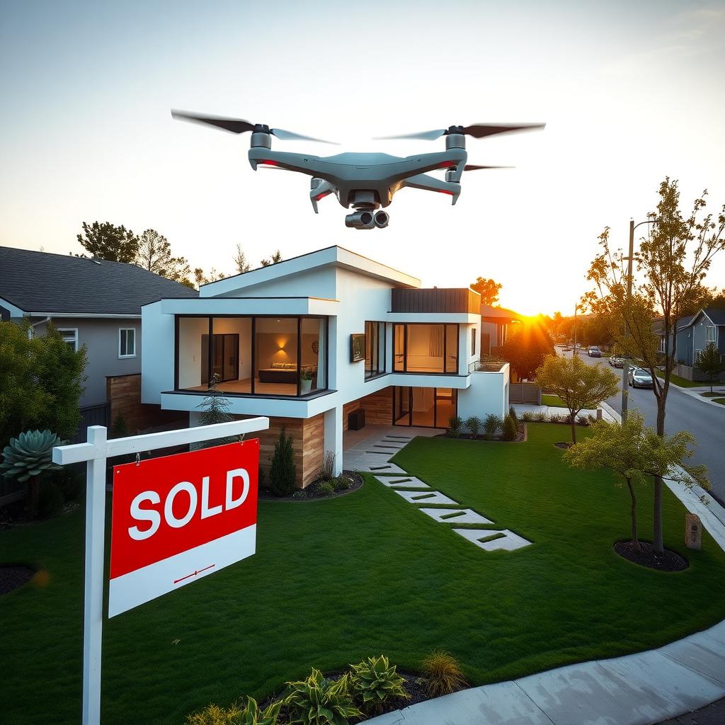 Modern house with a 'Sold' sign in a vibrant neighborhood