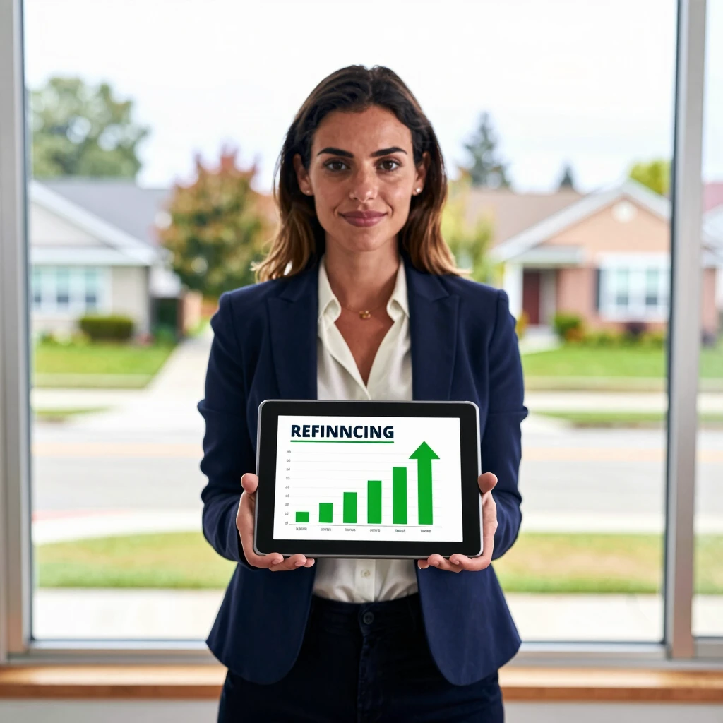 Woman reviewing refinancing success on tablet