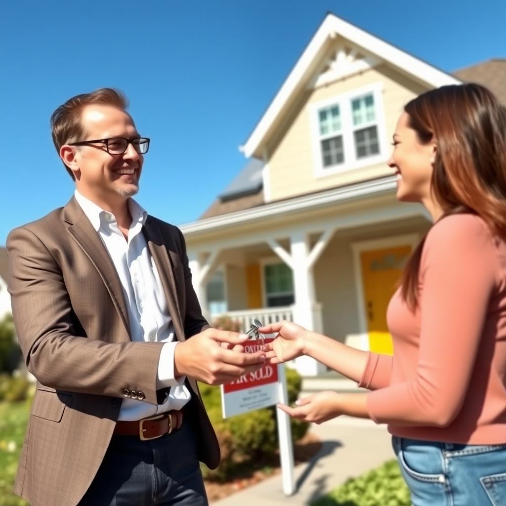 Real estate agent handing keys to a first-time homebuyer in front of a sold house.