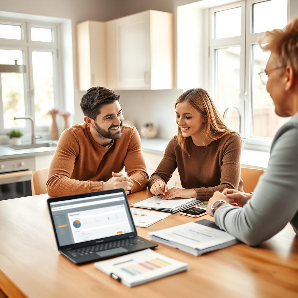 Couple discussing mortgage application with a broker at a kitchen table