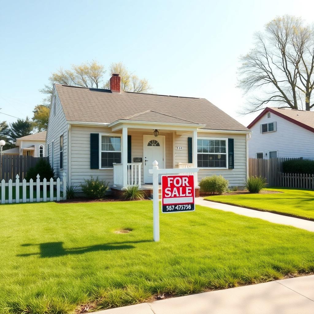 Modest single-family home with a ‘For Sale’ sign and a welcoming porch