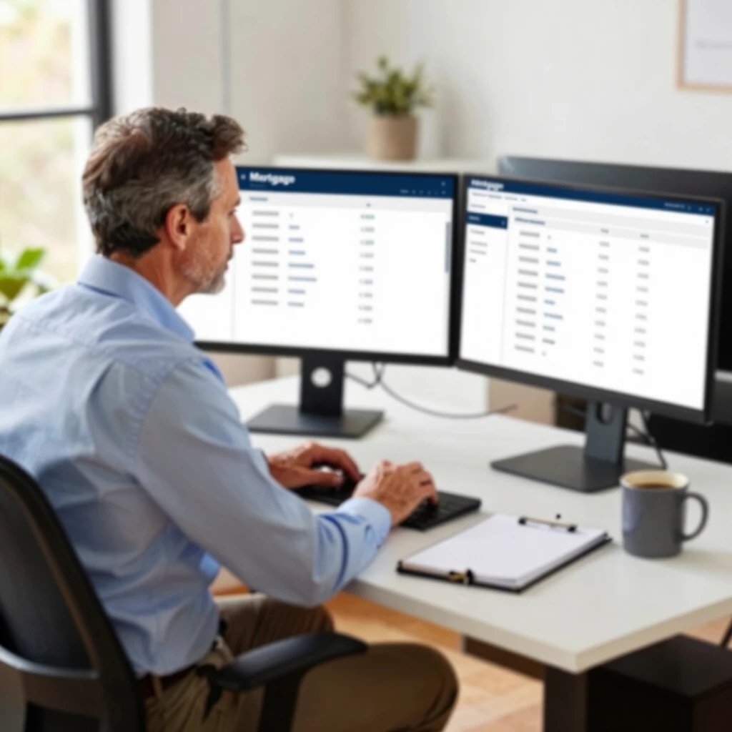 Mortgage broker working at a desk with multiple screens showing loan software