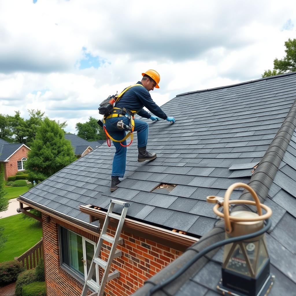 Roofer repairing shingles on a suburban home