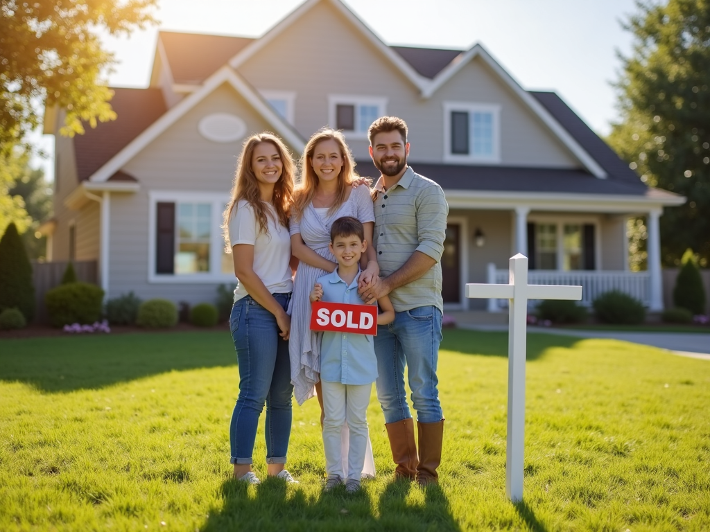 Family in front of new home