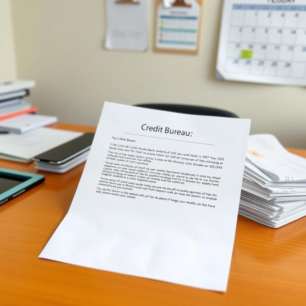 Letter to a credit bureau with supporting documents on an office desk