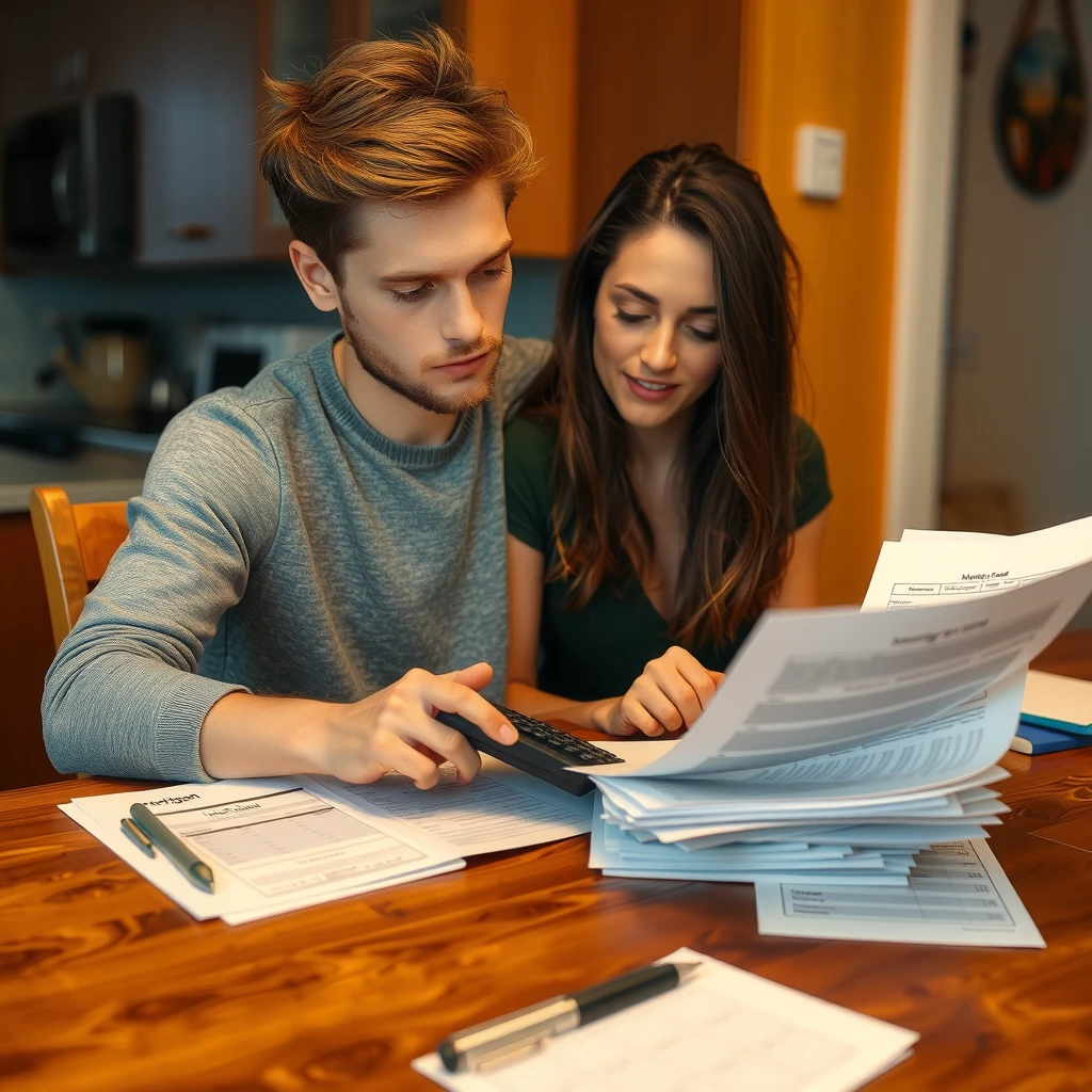 First-time home buyer reviewing mortgage documents and calculating budget at home