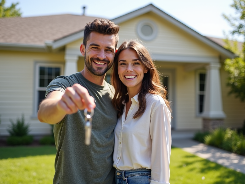 A happy couple in front of their new home, symbolizing the achievement of homeownership.
