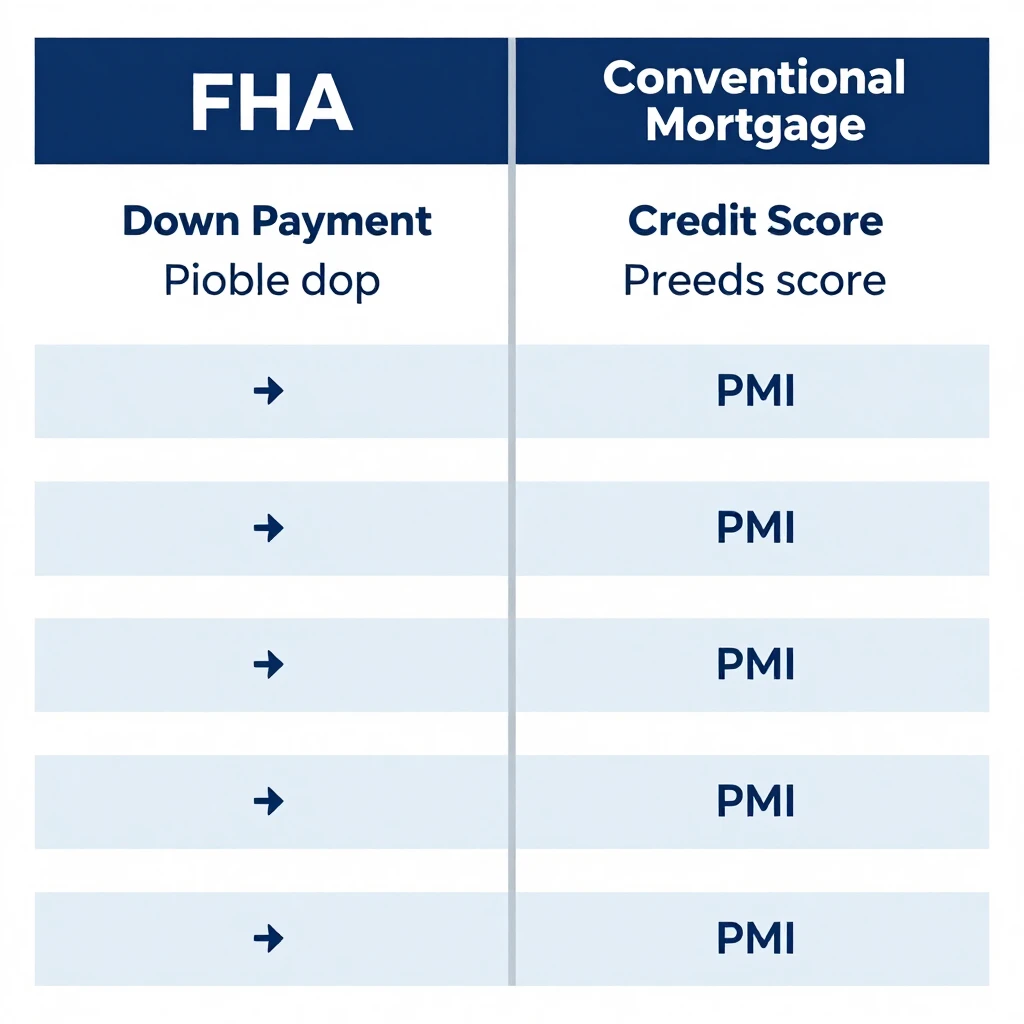Side-by-side comparison infographic of FHA and conventional mortgage features
