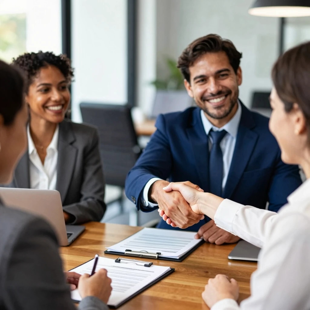 Mortgage broker shaking hands with clients, symbolizing trust and ethical partnership