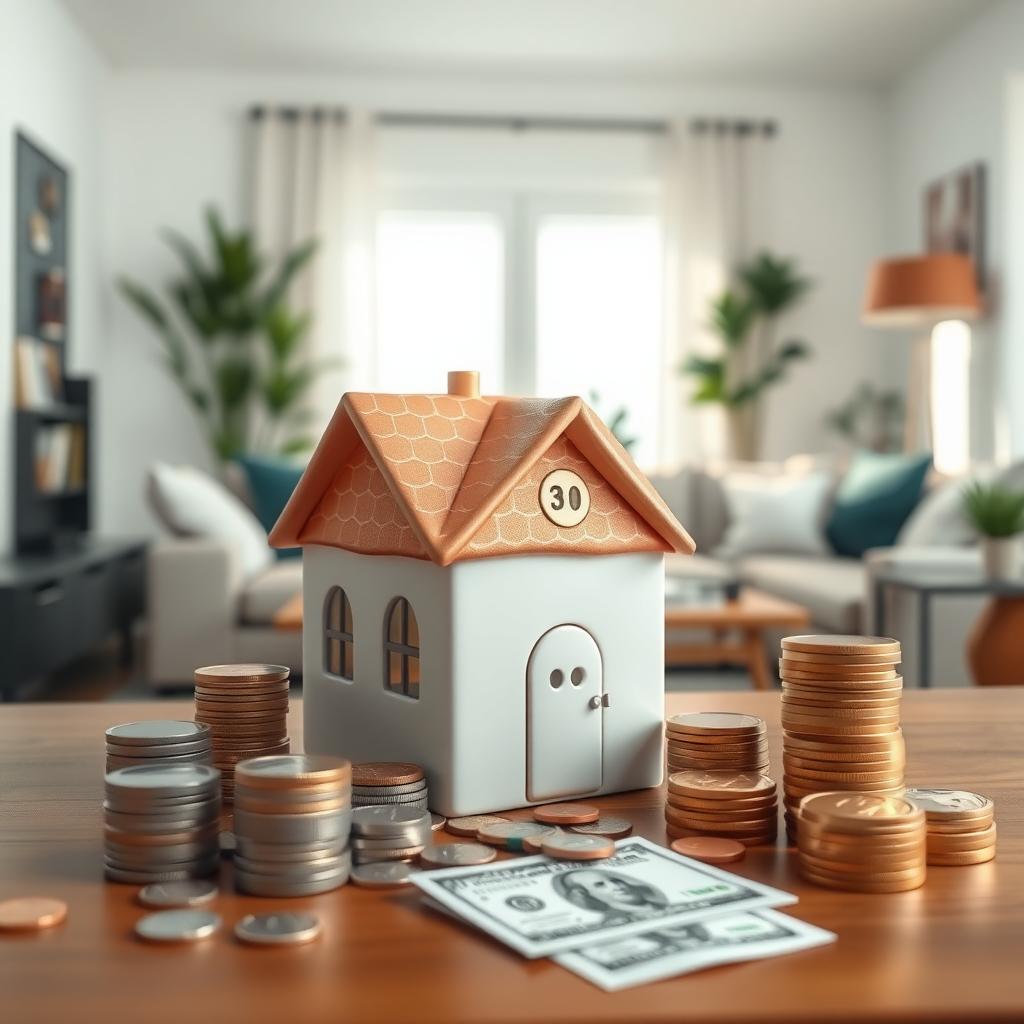 Piggy bank shaped like a house with coins and bills on a desk