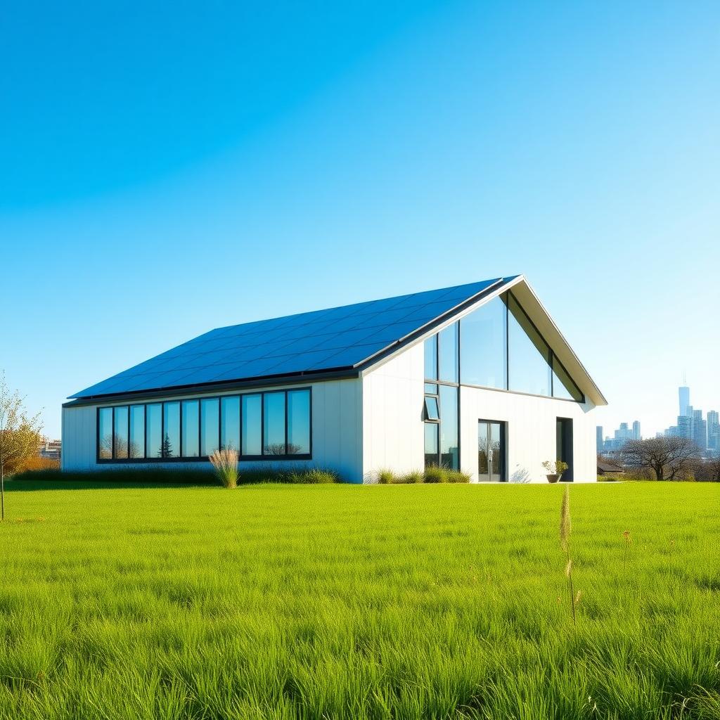 Modern net-zero building with solar panels and greenery