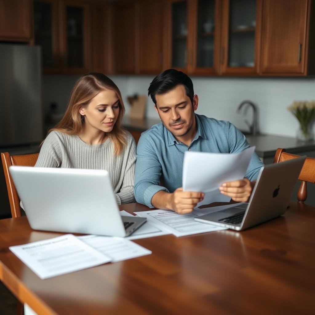 Couple reviewing mortgage options at home.